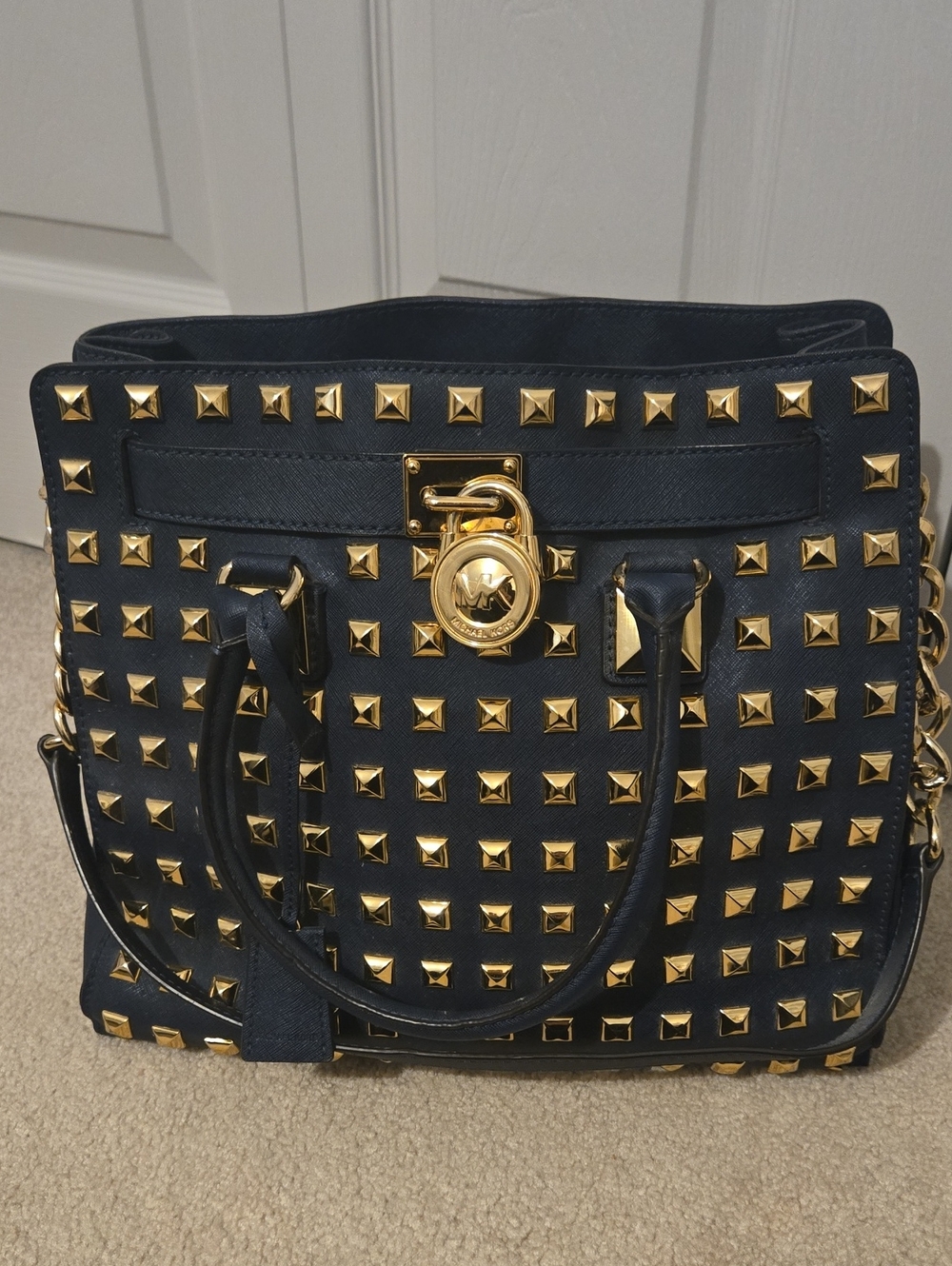 Michael Kors Navy Satchel with Gold Studs and Lock